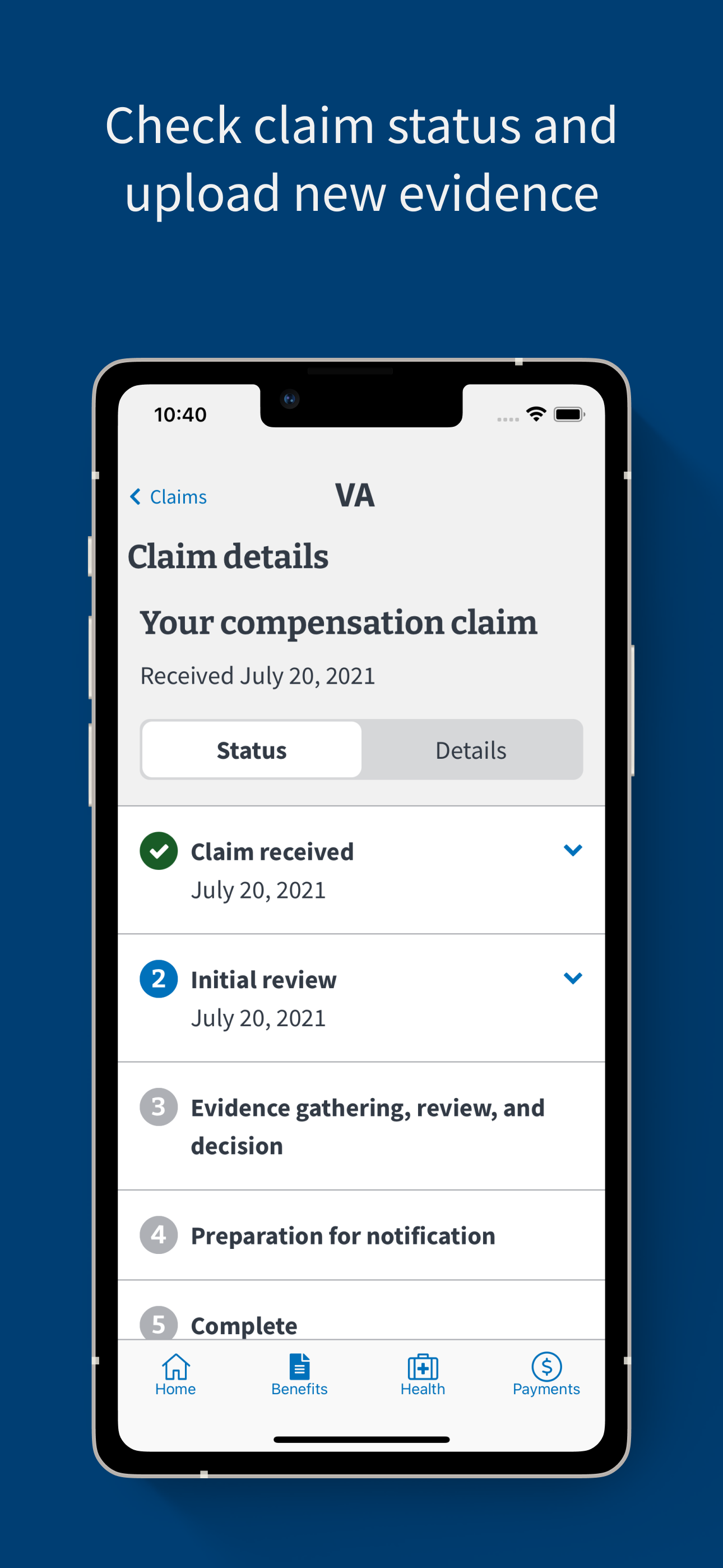 Check claim status and upload evidence